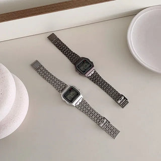 ◈Couple◈Digital Metal Steel Digital Watch Unisex Couple Item Wristwatch Silver Vintage Retro