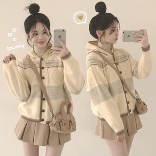 Cute fit without emphasizing shoulders, Mixed Cable Knit Argyle Lovely Pattern Hooded Knit Cardigan