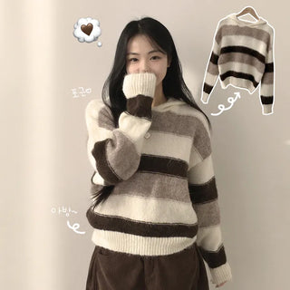 Fluffy~ Tiramisu Wool Mohair Contrast Striped Loose Fit Hooded Long Sleeve Knit
