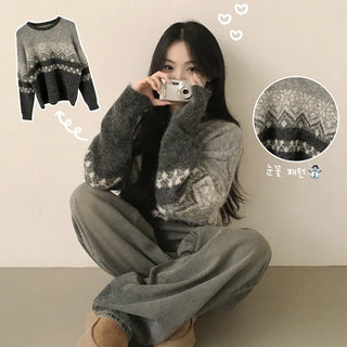 Full of Coziness~ Wool Nordic Jacquard Snowflake Vintage Loose Fit Long Sleeve Knit