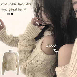 Round Cable Knit One-Shoulder Loose-Fit Long-Sleeve Knit with a Spoonful of Feminine Charm