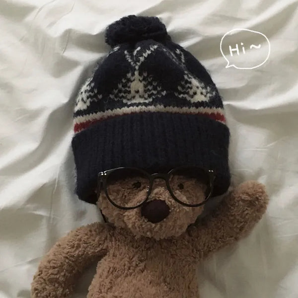 Pom-pom Nordic Pattern Knit Pom-pom Hat & Beanie