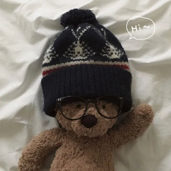 Pom-pom Nordic Pattern Knit Pom-pom Hat & Beanie
