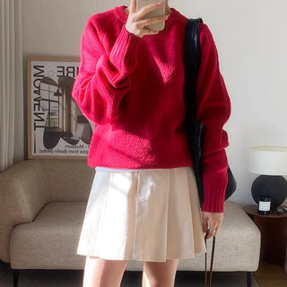 Loose fit red knit  Winter round Christmas year-end look basic inner