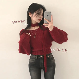Two-way Lip Neck One-Off Shoulder Cropped Thick Wool Long Sleeve Knit to Make Your Day Special