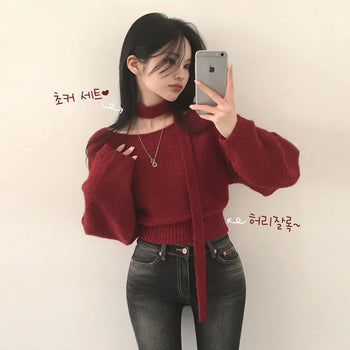 Two-way Lip Neck One-Off Shoulder Cropped Thick Wool Long Sleeve Knit to Make Your Day Special