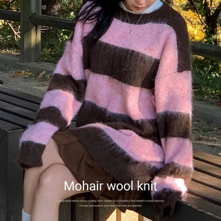 Mohair Striped Plain Loose Fit Round Wool Knit