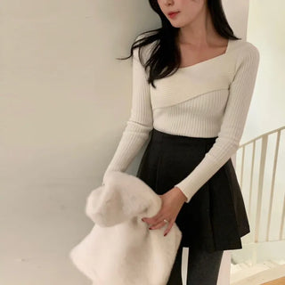 Warming Soft Asymmetrical Diagonal Wrap Slim Fit Delicate Fit Ribbed Knit