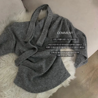 [Bunta Look] Suede Choker Shirred Slim Fit Long-Sleeve Knit Tee