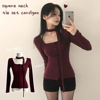 Square Neck Tie Scarf Set Fleece-lined Knit T-shirt Cardigan that makes you the star of your special day