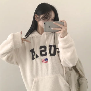 Embroidered Details, Soft Lambskin Mink Fleece USA Embroidered Boxy Hoodie