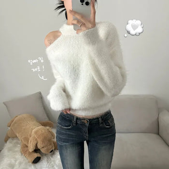 [Slim Waist] Snow Pine Needle One-Shoulder Delicate Fit Long Sleeve Knit