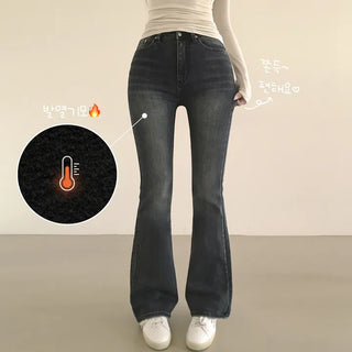 High-waisted Vintage Sand Catbrush Washed Long Bootcut Fleece-lined Denim Pants with Hidden Elastic Waist for a Beautiful Fit Without Gabbing