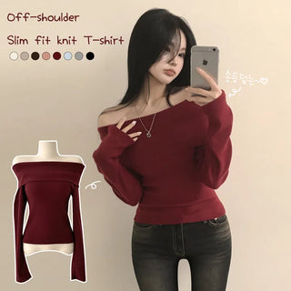 Thick Brushed Off-Shoulder Slim-Fit Long-Sleeve Knit T-Shirt that sits smoothly without slipping