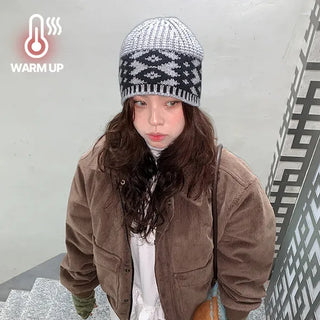 Speaker Bold Wool Jacquard Knit Beanie Pattern Nordic Winter Ribbed Hat
