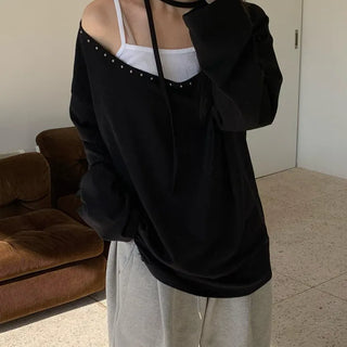 Fleece-lined studded off-shoulder long-sleeve tee