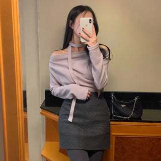 Rachel Soft Angora Shirred Off-Shoulder Tie Knit Tee Year-End Look Party Look