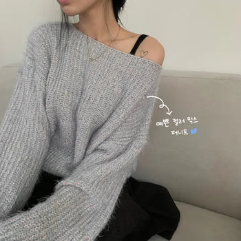 [Pretty Colors] Mixed Lip Neck Loose Fit Off-Shoulder Knit