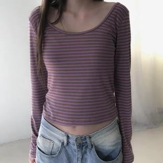 stripe deep U-neck tee  / Stripe deep U-neck T-shirt