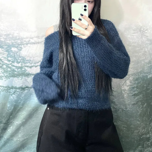 Line Solip Boat Neck Knit  Basic Simple Winter Knit Sweater Off-shoulder Year-End Layering