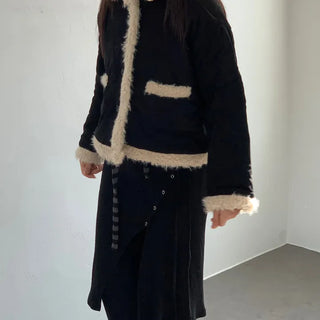 Black Corduroy Padded Jacket with Fur Contrast