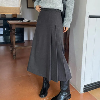 Sage Wool Pleated Long Skirt