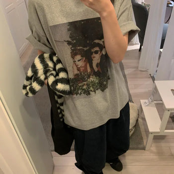 Loose-fit winter fleece-lined short-sleeve tee