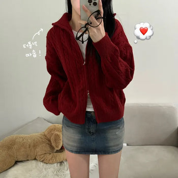 [Two-way Version] High-neck Cable Knit Layered Zip-up