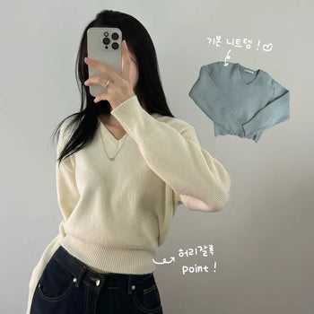 [Cinch Waist!] Basic V-neck Loose Fit Inner Winter Knit