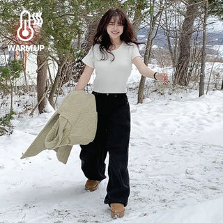 Thick Brushed Winter Crop Short Sleeve T-shirt Brushed Layering Tee Inner Plain U-Neck Round Short Sleeve Tee