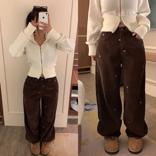 Beary corduroy embroidered wide pants