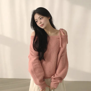 Full of Delicacy, Off-Shoulder Strap Ribbon Loose Fit Wool Long Sleeve Knit