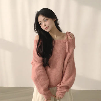 Full of Delicacy, Off-Shoulder Strap Ribbon Loose Fit Wool Long Sleeve Knit