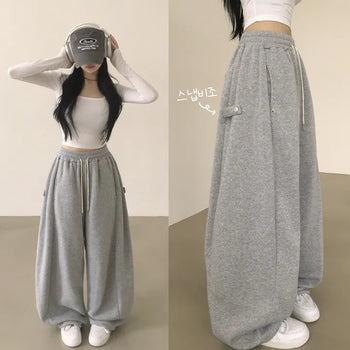 High-waisted Elastic Waist Snap Button Side Pintuck Large Balloon Wide Fleece-Lined Jogger Training Pants, Two-Way Jogger & Wide Style