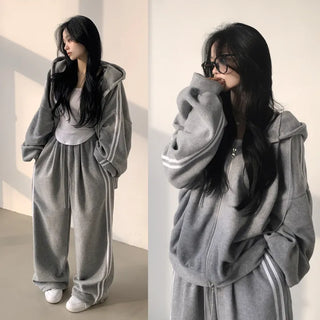 The epitome of effortless chic, Fleece Track Oversized Two-Way Zip-Up Hoodie + Elastic Waist Track Two-Way Drawstring Jogger Wide Training Pants Two-Piece Set