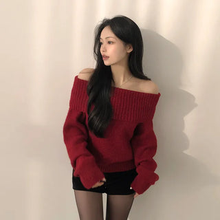 Soft, Thick Wool Off-Shoulder Delicate Fit Loose Long Sleeve Knit to Gift You a Special Day