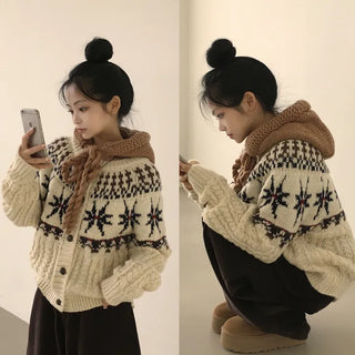 Full of Vintage Mood, Nordic Pattern Cable Knit Loose Fit Cardigan