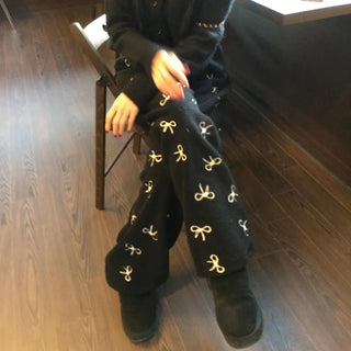 Ribbon Brushed Fleece Two-Way Elastic Waist Wide Pants Travel Look
