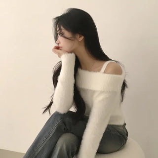 Pleasant Softness, Pure Angora Off-Shoulder Strap Semi-Crop Delicate Fit Long Sleeve Knit