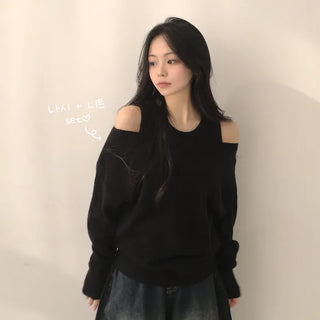 A Spoonful of Loveliness, Lip Neck Off-Shoulder Loose Fit Long Sleeve Knit + Layered Sleeveless Knit Two-Piece Set