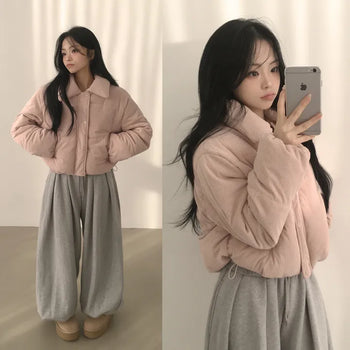 Pastel Colors, Thick Corduroy Collar Drawstring Crop Short Padded Jacket