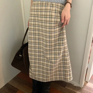 Carabiner wool check long skirt