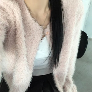 Round Neck Boggle Fur Knit Cardigan