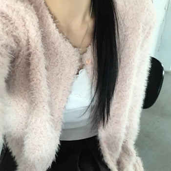 Round Neck Boggle Fur Knit Cardigan
