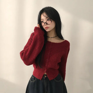 Waist-cinched~ Thick Ribbed Lip Neck Crop Wool Knit Cardigan