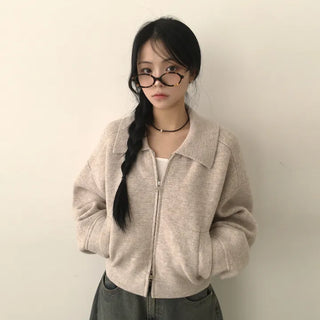 Guaranteed in Person, Thick Two-Way Collar Raglan Loose Fit Knit Zip-Up Cardigan Jacket