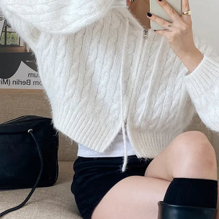 Knit Crop Zip-Up Hoodie   Cable Knit Zip-Up Long Sleeve Hoodie Cardigan