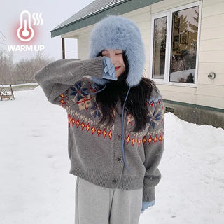 Sweet Nordic Collar Knit Cardigan Snowflake Layered Loose Fit Layered Vintage Collar Knit Cardigan