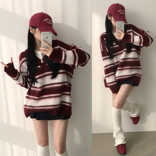 Soft, Thick Angora Contrast Striped V-Neck Oversized Long Sleeve Knit
