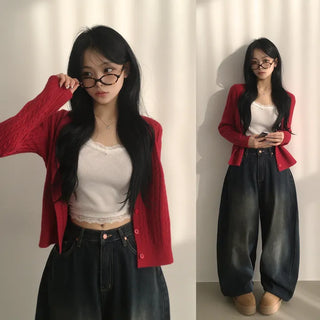 A wardrobe essential, Daily Plain Cable Knit Round Basic Long Sleeve Wool Cardigan